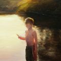 Boy on the river, oil on canvas paper, 15 x 21 cm, 2023 year